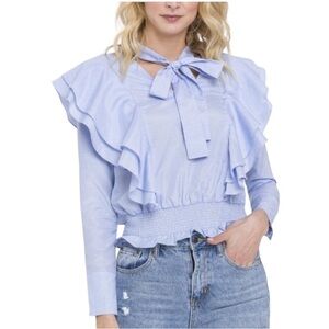 English Factory Blue & White Striped Ruffle Tie Neck Blouse - S